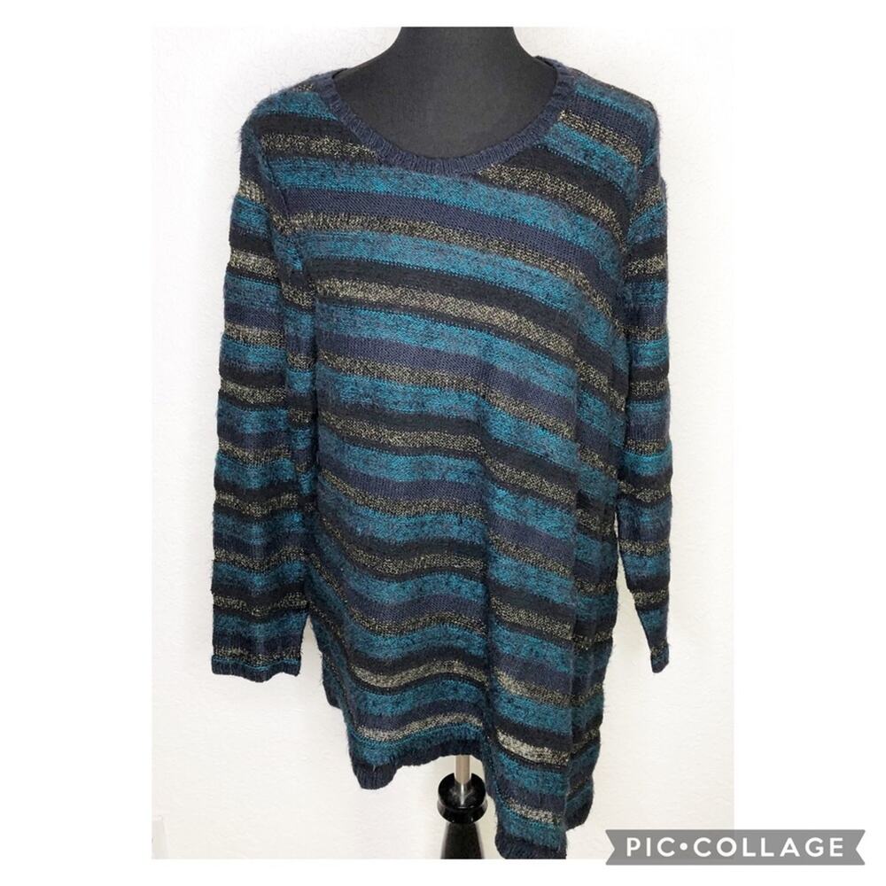 Chicos black blue gold diagonal stripe asymmetrical sweater size 3‎ Extra Large